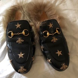 Gucci Princetown Bee/Star Embroidered Fur Loafers